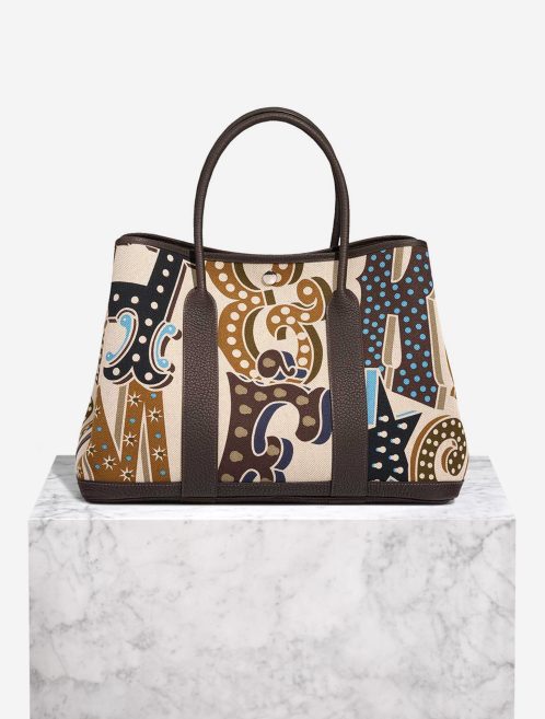 Hermès Garden Party 36 Electrique Clémence / Toile Caramel / Écru / Ébène / Beige Front | Sell your designer bag