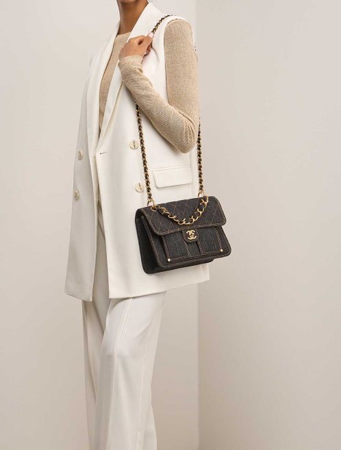 Chanel Timeless Single Flap Medium Denim Dark Blue on Model | Sell your designer bag