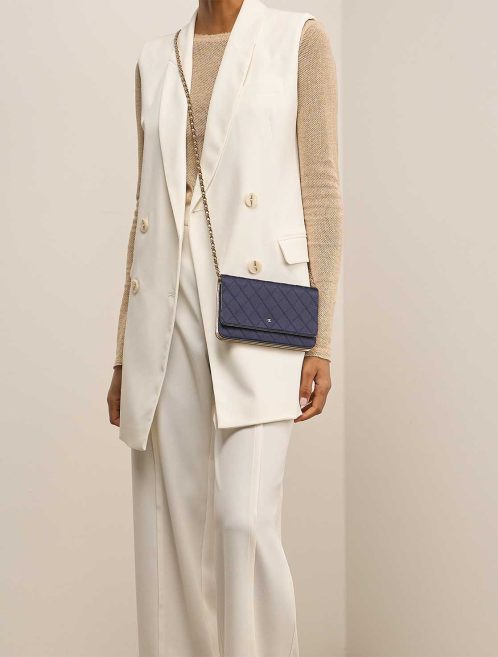 Chanel Timeless Wallet On Chain Silk / Lamb Blue / Gold on Model | Sell your designer bag