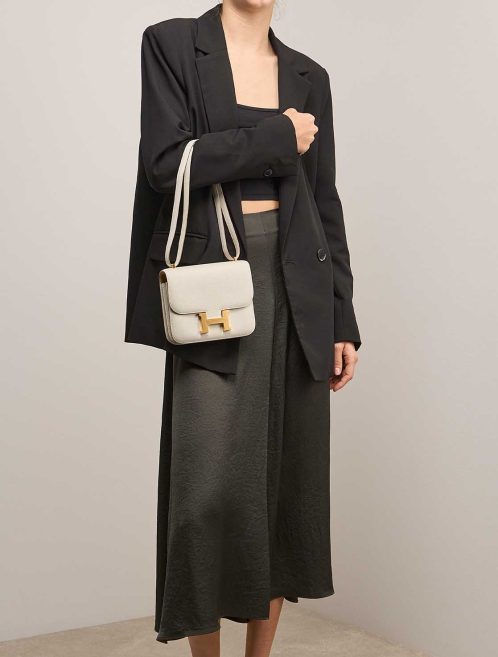 Hermès Constance 18 Chèvre Mysore Mushroom / Biscuit on Model | Sell your designer bag