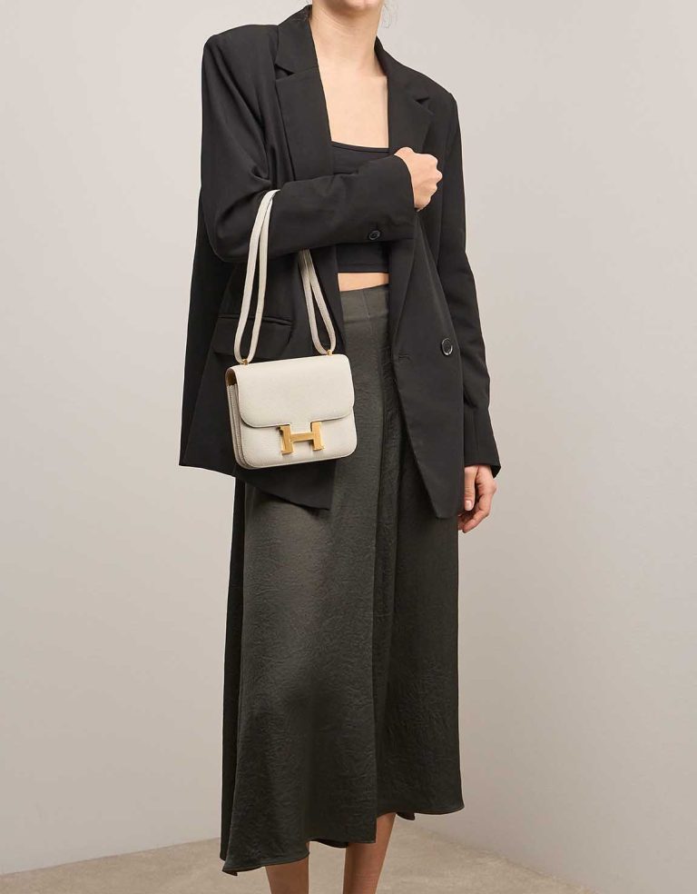 Hermès Constance 18 Chèvre Mysore Mushroom / Biscuit on Model | Sell your designer bag