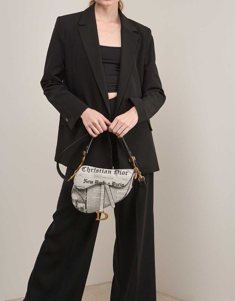 Dior Saddle Newspaper Medium Calf Black / White on Model | Sell your designer bag