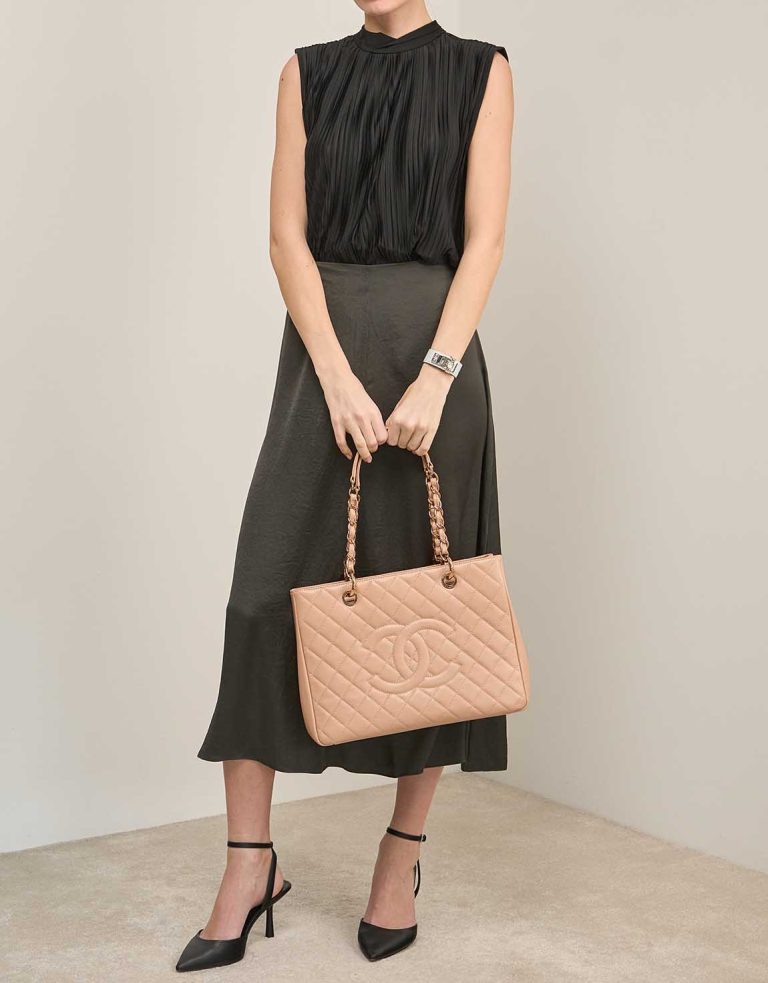 Chanel Grand Shopping Tote Caviar Beige on Model | Sell your designer bag