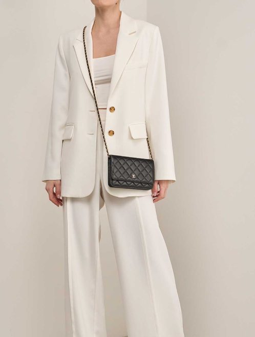 Chanel Timeless Wallet On Chain Lamb Black on Model | Sell your designer bag