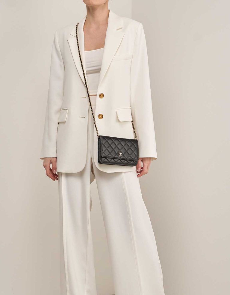 Chanel Timeless Wallet On Chain Lamb Black on Model | Sell your designer bag