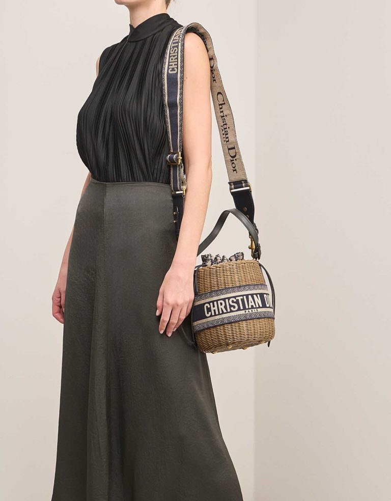 Dior Bucket Bag Wicker / Oblique Jacquard / Lamb Brown / Dark Blue on Model | Sell your designer bag