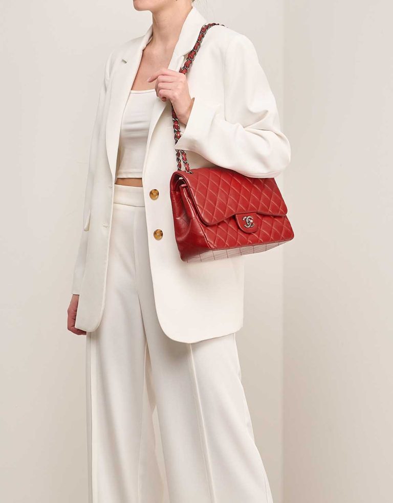 Chanel Timeless Jumbo Lamb Red on Model | Sell your designer bag