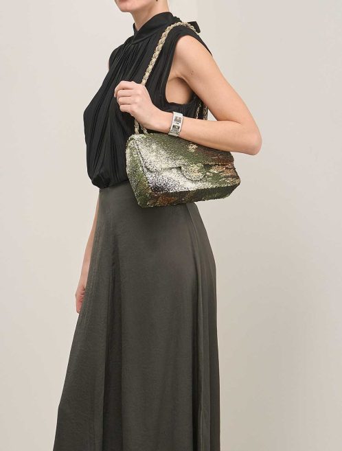 Chanel Timeless Medium Sequins Beige / Green / Gold on Model | Sell your designer bag
