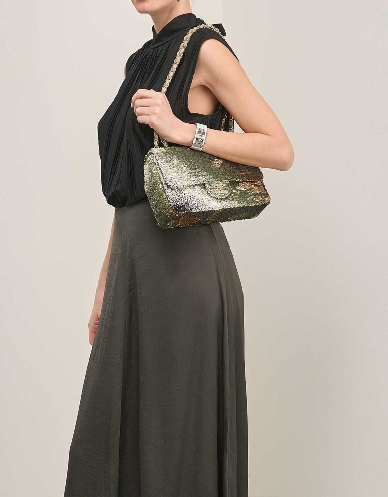 Chanel Timeless Medium Sequins Beige / Green / Gold on Model | Sell your designer bag