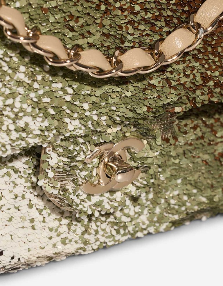 Chanel Timeless Medium Sequins Beige / Green / Gold Closing System | Sell your designer bag
