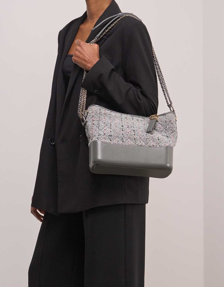 Chanel Gabrielle Medium Tweed Grey on Model | Sell your designer bag