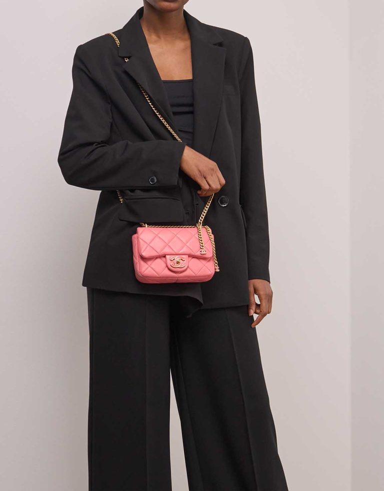 Chanel Timeless Mini Square Lamb Pink on Model | Sell your designer bag