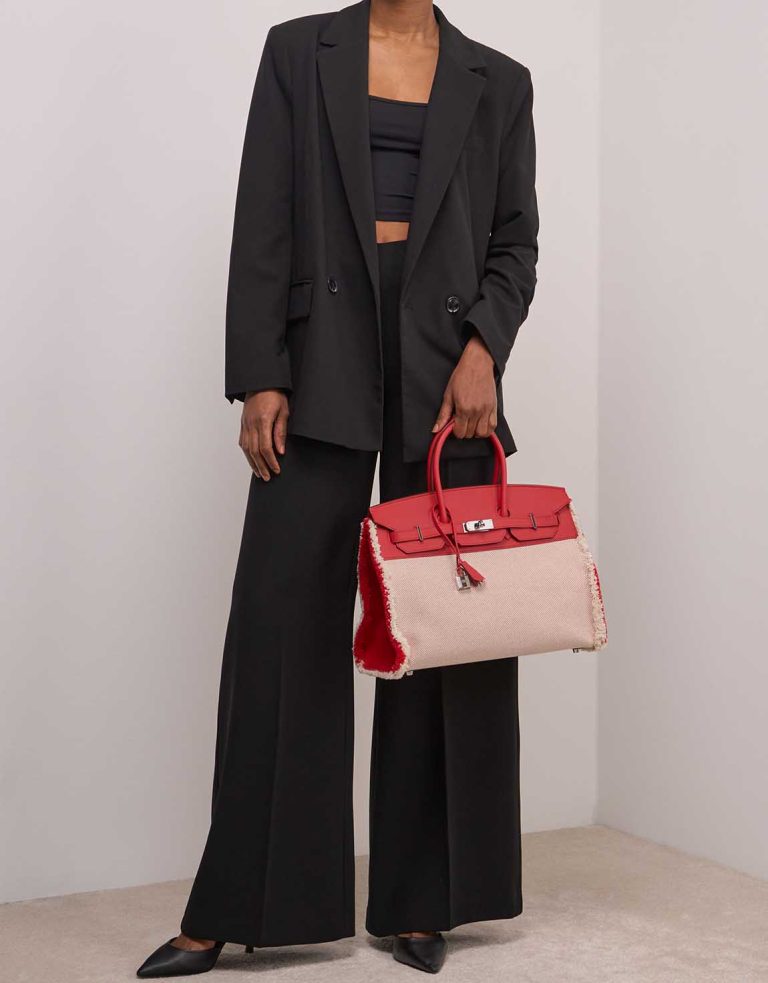 Hermès Birkin 35 Fray Swift / Toile H Rouge de Coeur / Écru on Model | Sell your designer bag