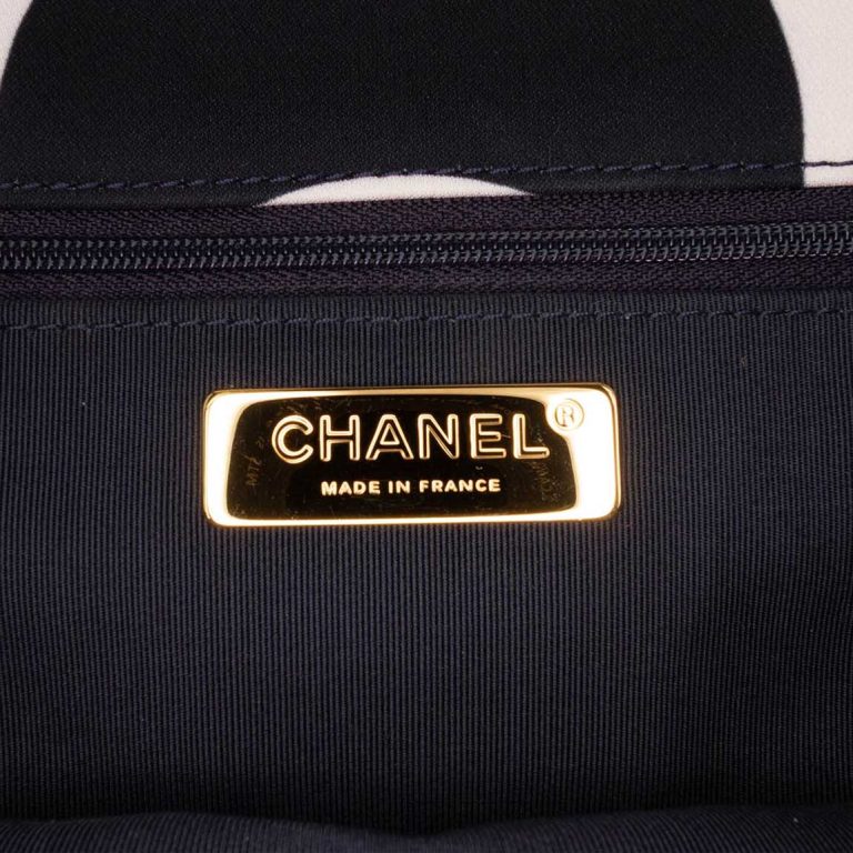Chanel 19 Large Flap Bag Fabric White / Black Logo | Sell your designer bag