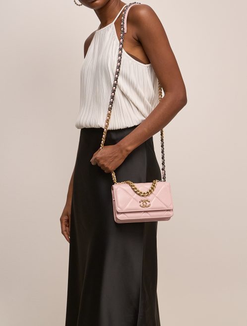 Chanel 19 Wallet On Chain Lamb Light Rose on Model | Sell your designer bag