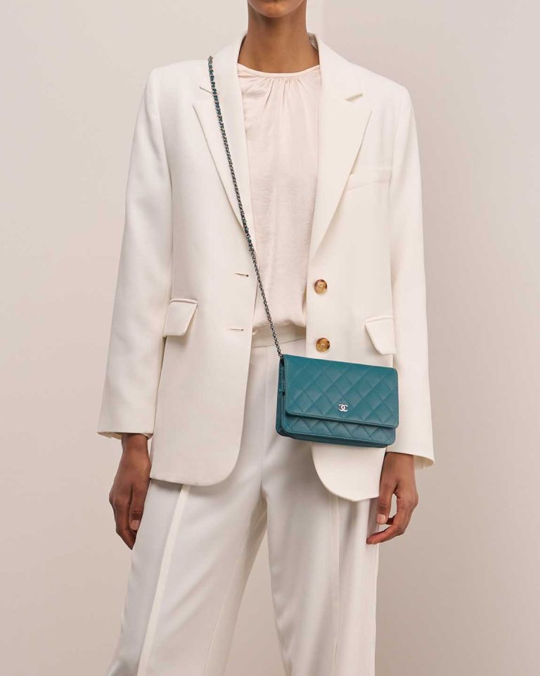 Chanel Timeless Wallet On Chain Lamb Petrol Blue on Model | Sell your designer bag