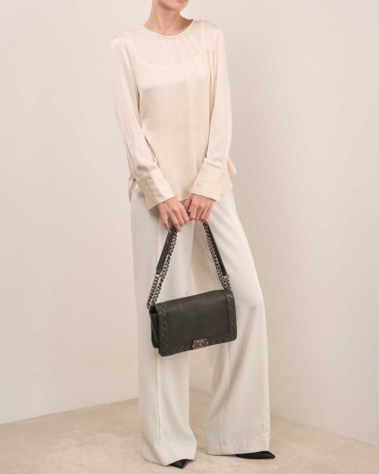 Chanel Boy Medium Lamb Green on Model | Sell your designer bag