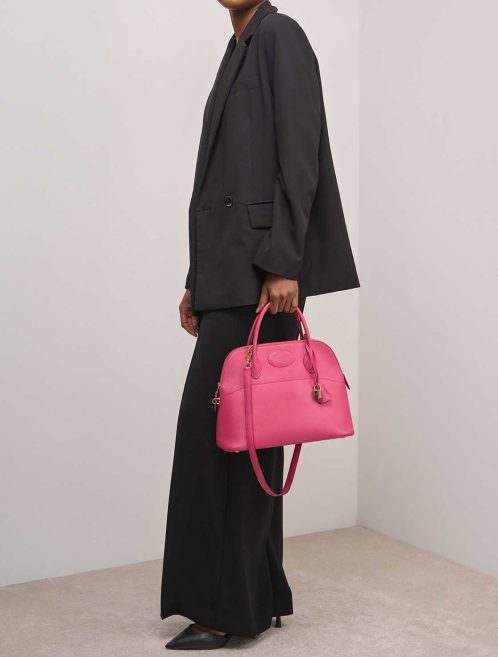 Hermès Bolide 31 Chèvre Rose Lipstick on Model | Sell your designer bag