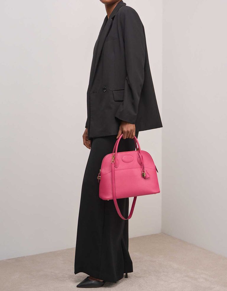 Hermès Bolide 31 Chèvre Rose Lipstick on Model | Sell your designer bag