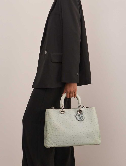 Dior Diorissimo Large Ostrich Grey Blue on Model | Sell your designer bag