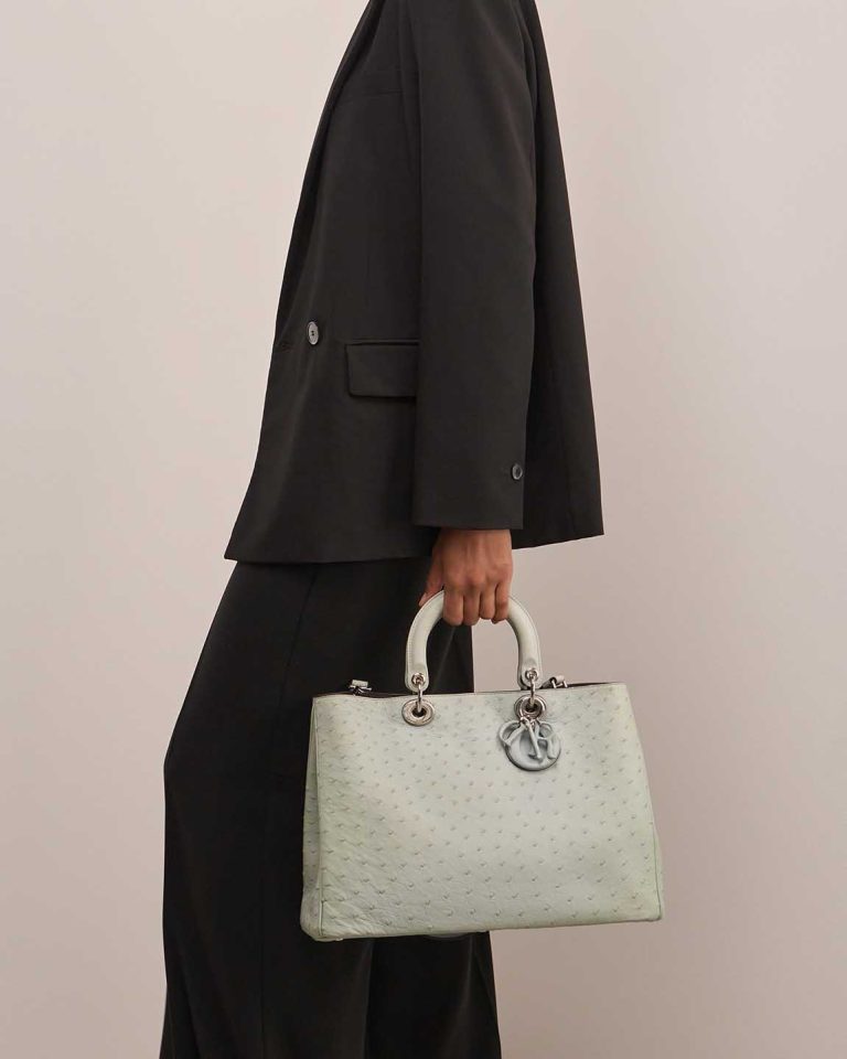 Dior Diorissimo Large Ostrich Grey Blue on Model | Sell your designer bag