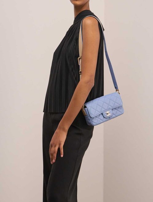 Chanel Timeless Single Flap Small Caviar / Lamb Blue / Beige on Model | Sell your designer bag