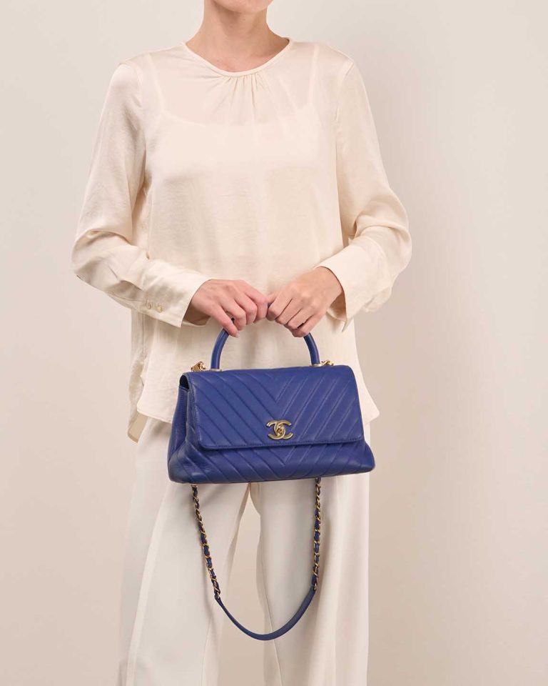 Chanel Timeless Handle Chevron Medium Caviar Deep Blue Front | Sell your designer bag