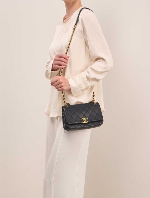 Chanel Chain Is More Flap Bag Small Lamb Dark Blue on Model | Sell your designer bag