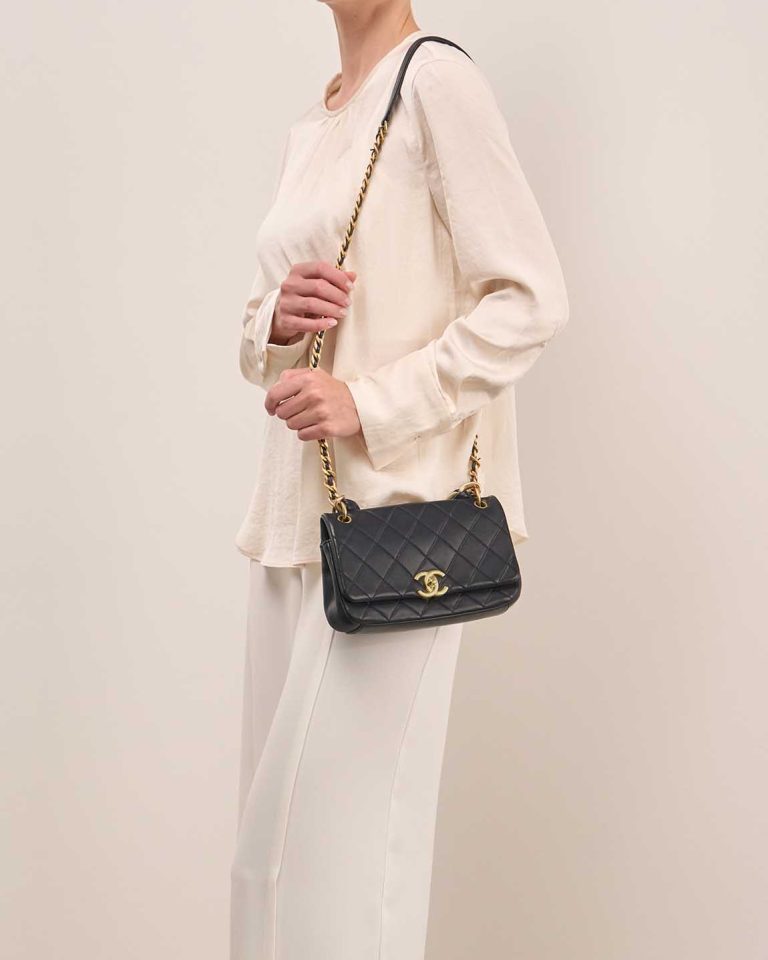 Chanel Chain Is More Flap Bag Small Lamb Dark Blue on Model | Sell your designer bag