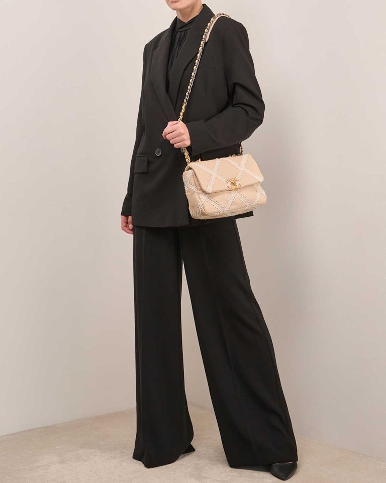 Chanel 19 Flap Bag Calf Beige on Model | Sell your designer bag