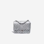 Chanel Timeless Chevron Mini Square Crumpled Patent Silver Front | Sell your designer bag