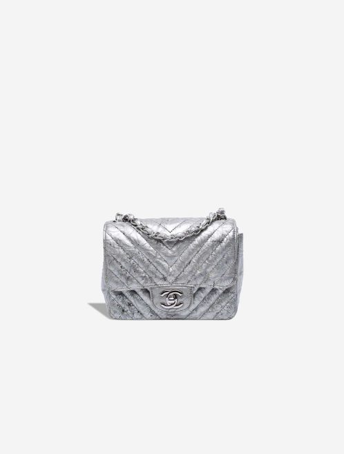 Chanel Timeless Chevron Mini Square Crumpled Patent Silver Front | Sell your designer bag