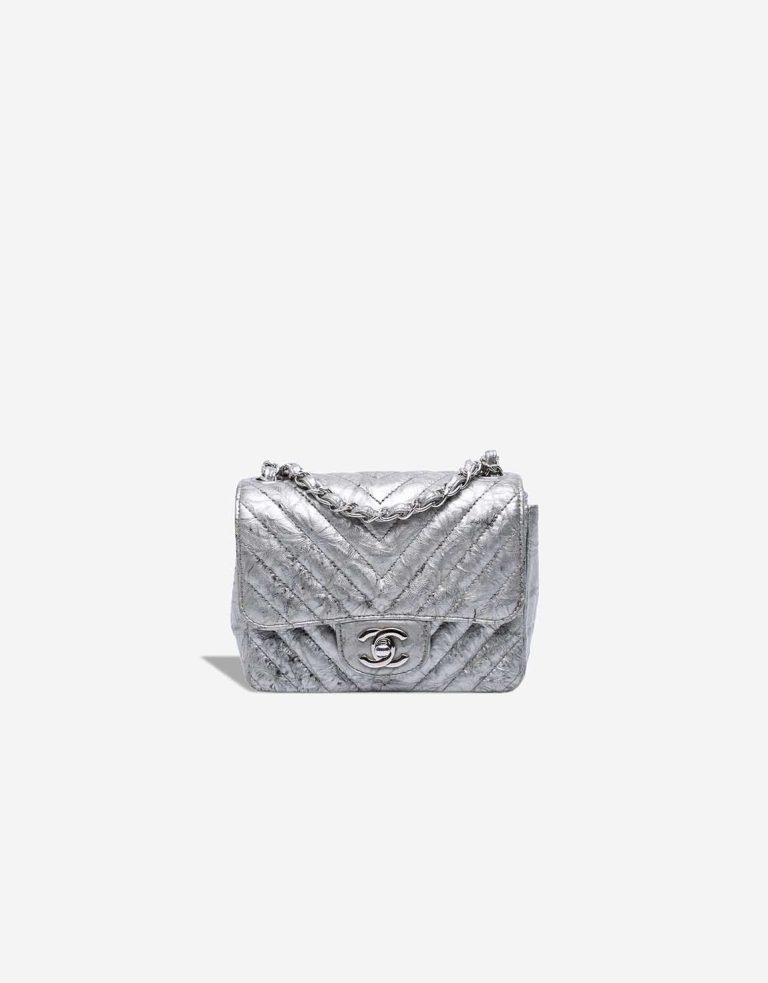 Chanel Timeless Chevron Mini Square Crumpled Patent Silver Front | Sell your designer bag