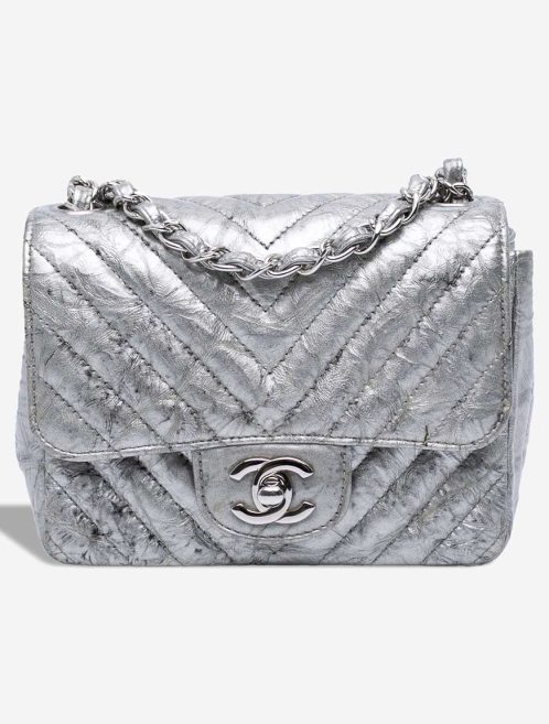 Chanel Timeless Chevron Mini Square Crumpled Patent Silver Front | Sell your designer bag