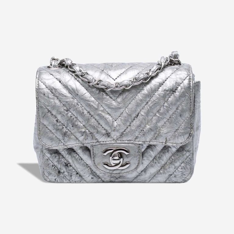 Chanel Timeless Chevron Mini Square Crumpled Patent Silver Front | Sell your designer bag