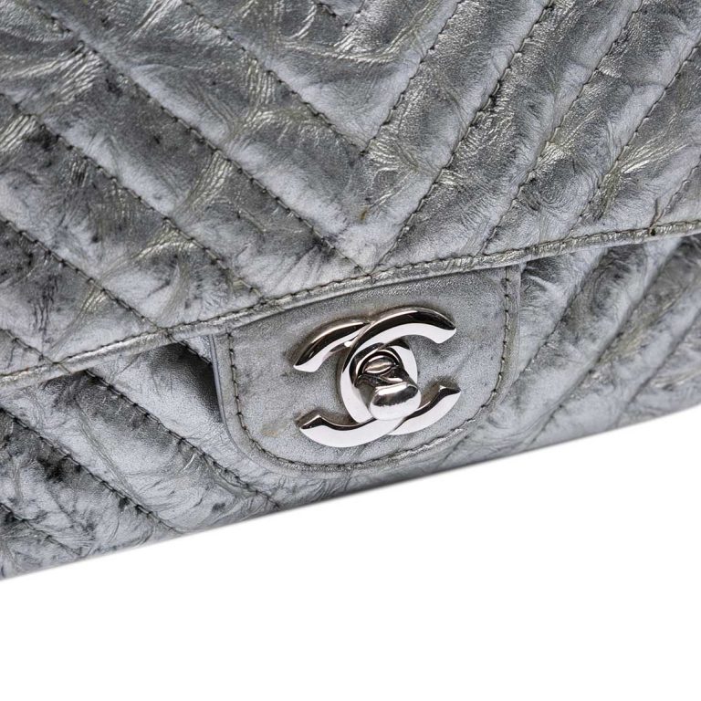 Chanel Timeless Chevron Mini Square Crumpled Patent Silver Front | Sell your designer bag