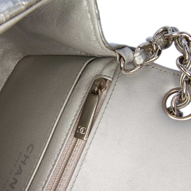 Chanel Timeless Chevron Mini Square Crumpled Patent Silver Logo | Sell your designer bag