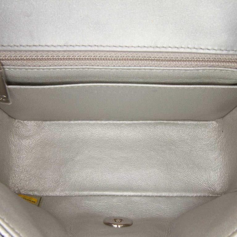 Chanel Timeless Chevron Mini Square Crumpled Patent Silver Inside | Sell your designer bag