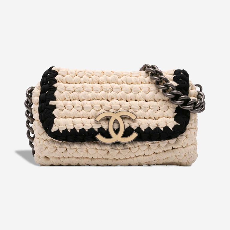 Chanel Fancy Crochet Flap Bag Medium Neoprene White / Black Front | Sell your designer bag
