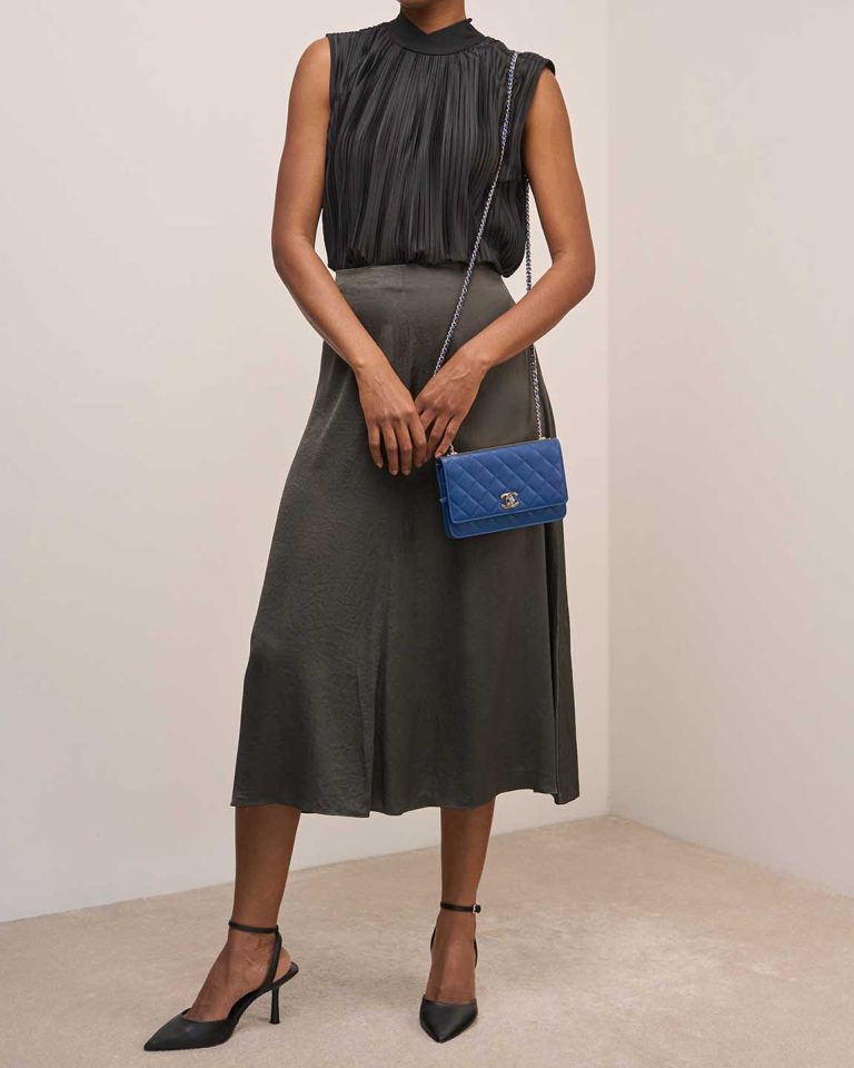 Chanel Timeless Wallet On Chain Lamb Blue on Model | Sell your designer bag
