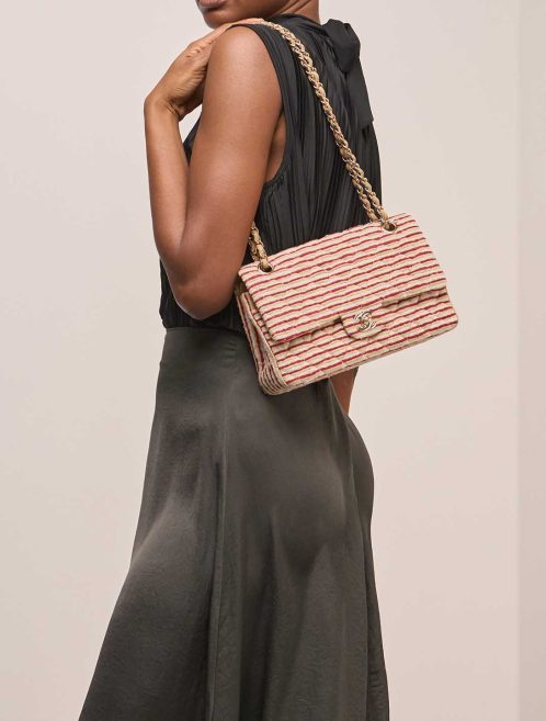 Chanel Timeless Coco Sailor Medium Silk / Canvas Red / White on Model | Sell your designer bag