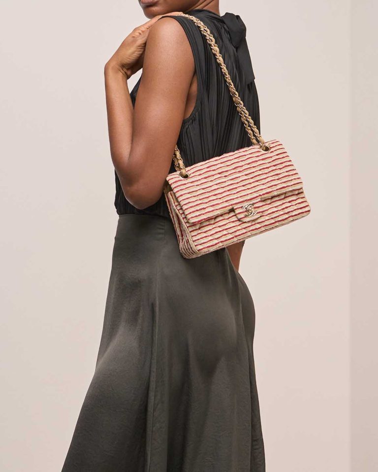Chanel Timeless Coco Sailor Medium Silk / Canvas Red / White on Model | Sell your designer bag