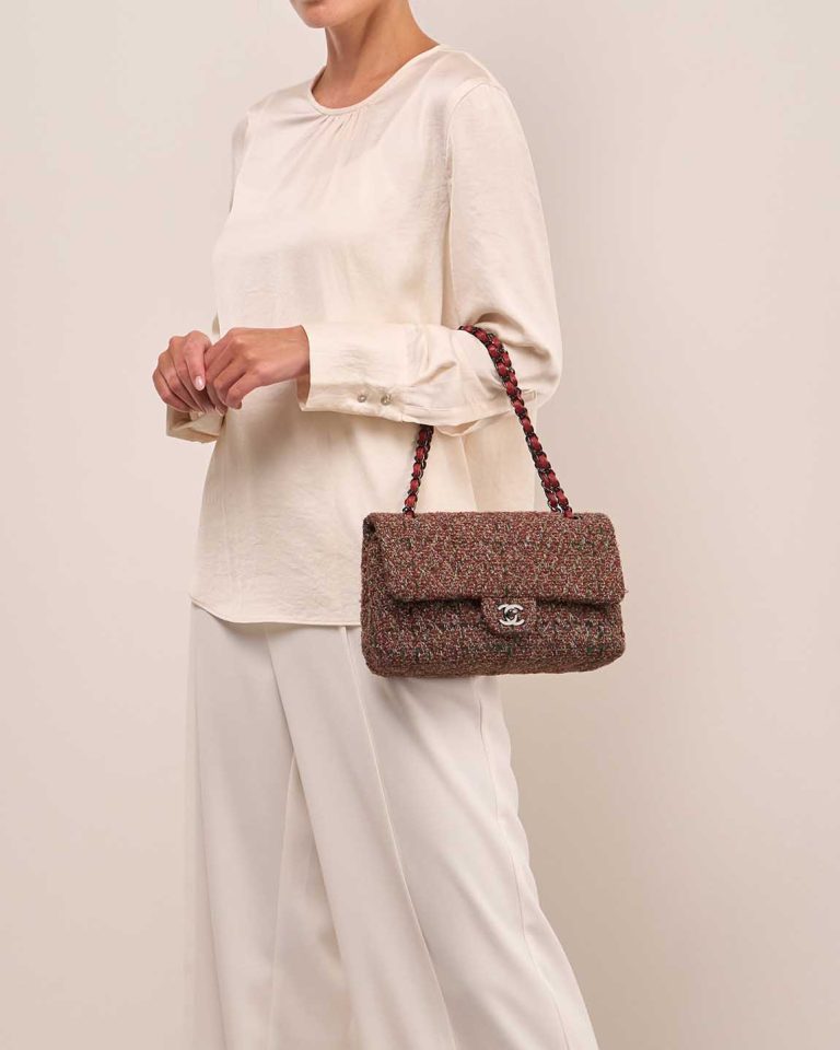 Chanel Timeless Medium Tweed Dark Red on Model | Sell your designer bag