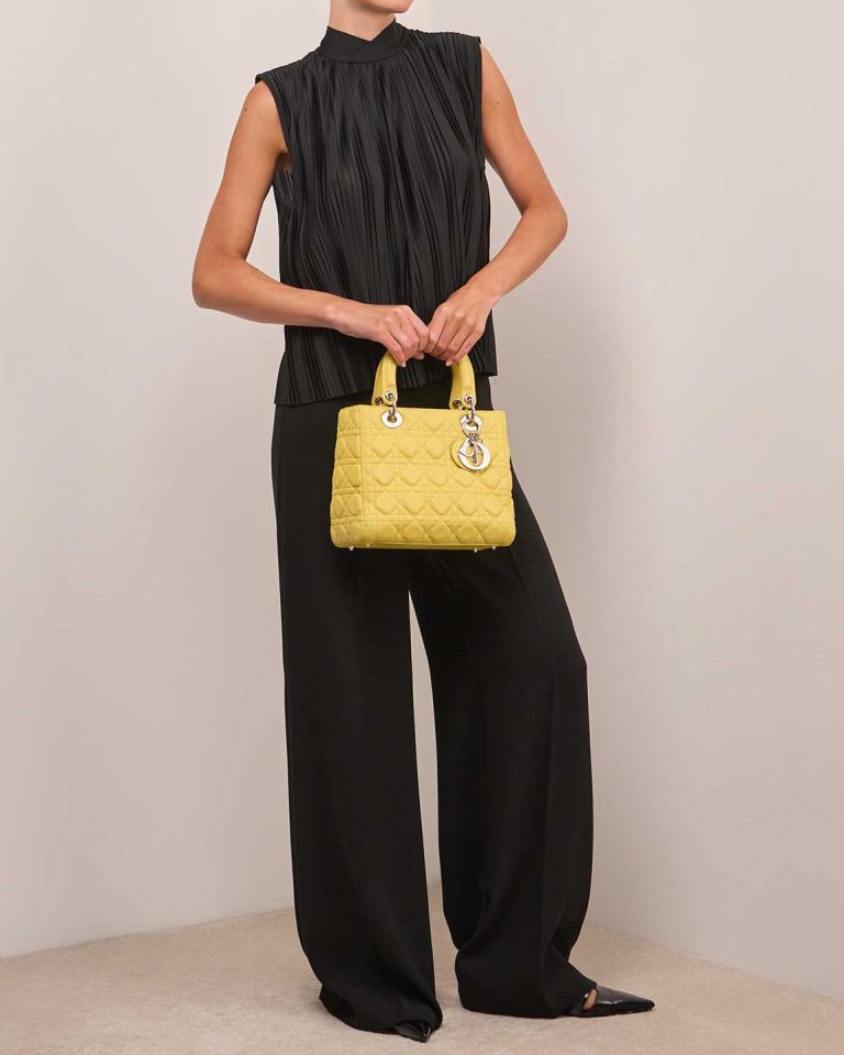 Dior Lady Medium Lamb Lime Yellow on Model | Sell your designer bag