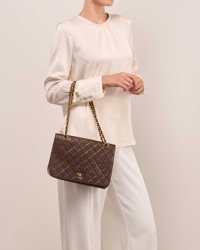 Chanel Flap Bag Medium Lamb Brown on Model | Sell your designer bag