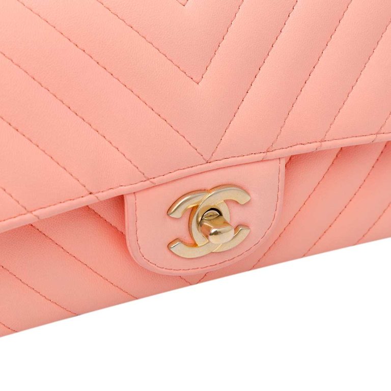 Chanel Timeless Chevron Mini Rectangular Lamb Coral Pink Closing System | Sell your designer bag