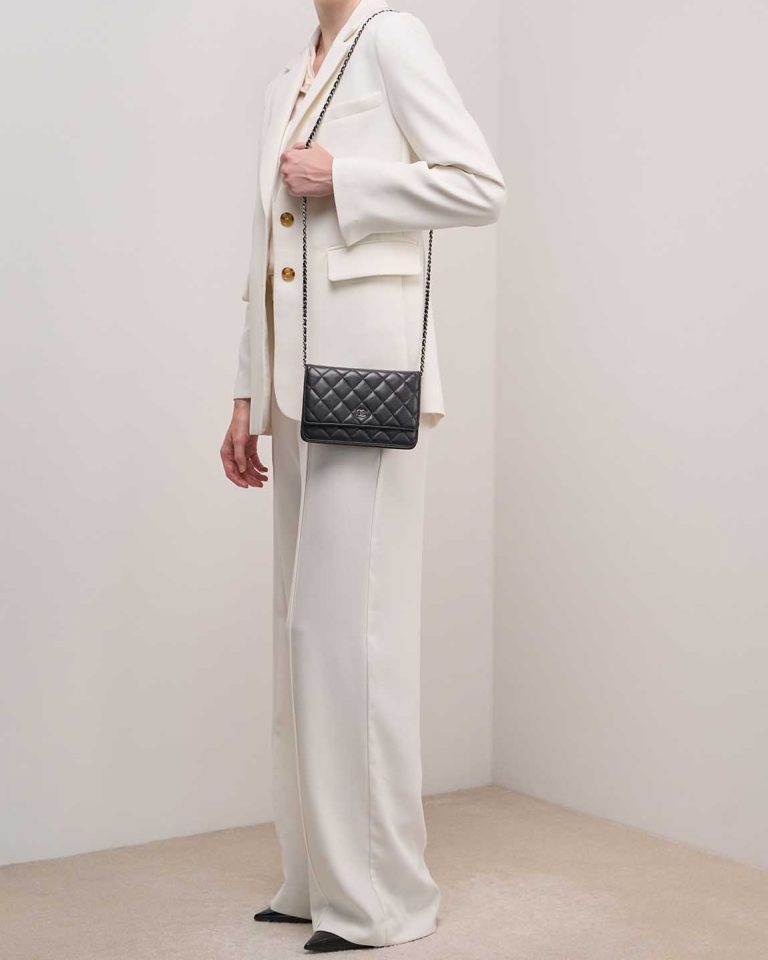 Chanel Timeless Wallet On Chain Lamb Black on Model | Sell your designer bag