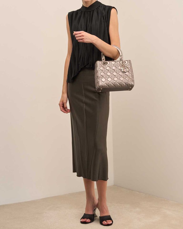 Dior Lady Medium Calf Metallic Grey on Model | Sell your designer bag