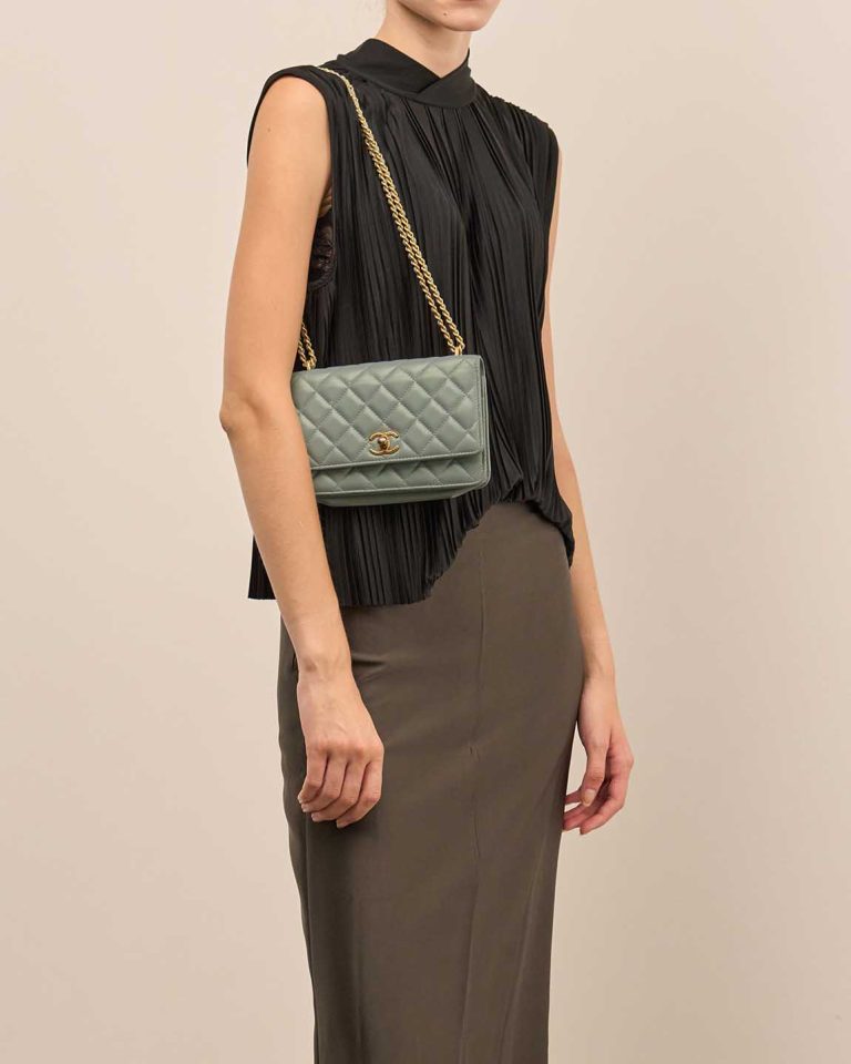 Chanel Trendy CC Wallet On Chain Lamb Iridescent / Water Green on Model | Sell your designer bag