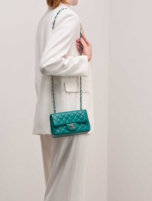 Chanel Timeless Mini Rectangular Lamb Turquoise on Model | Sell your designer bag